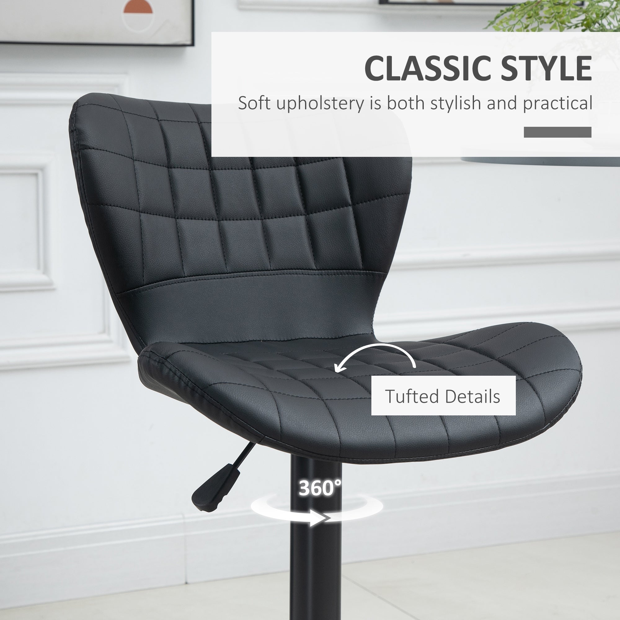 Bar Stools Set of 2, Adjustable Height Swivel Bar Chairs, PU Leather Upholstered Kitchen Counter Stools with Wide Seat, Back and Footrest, Black