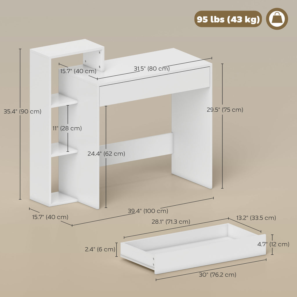 Desk with Storage, Computer Desk with 3 Open Shelves and Drawer White