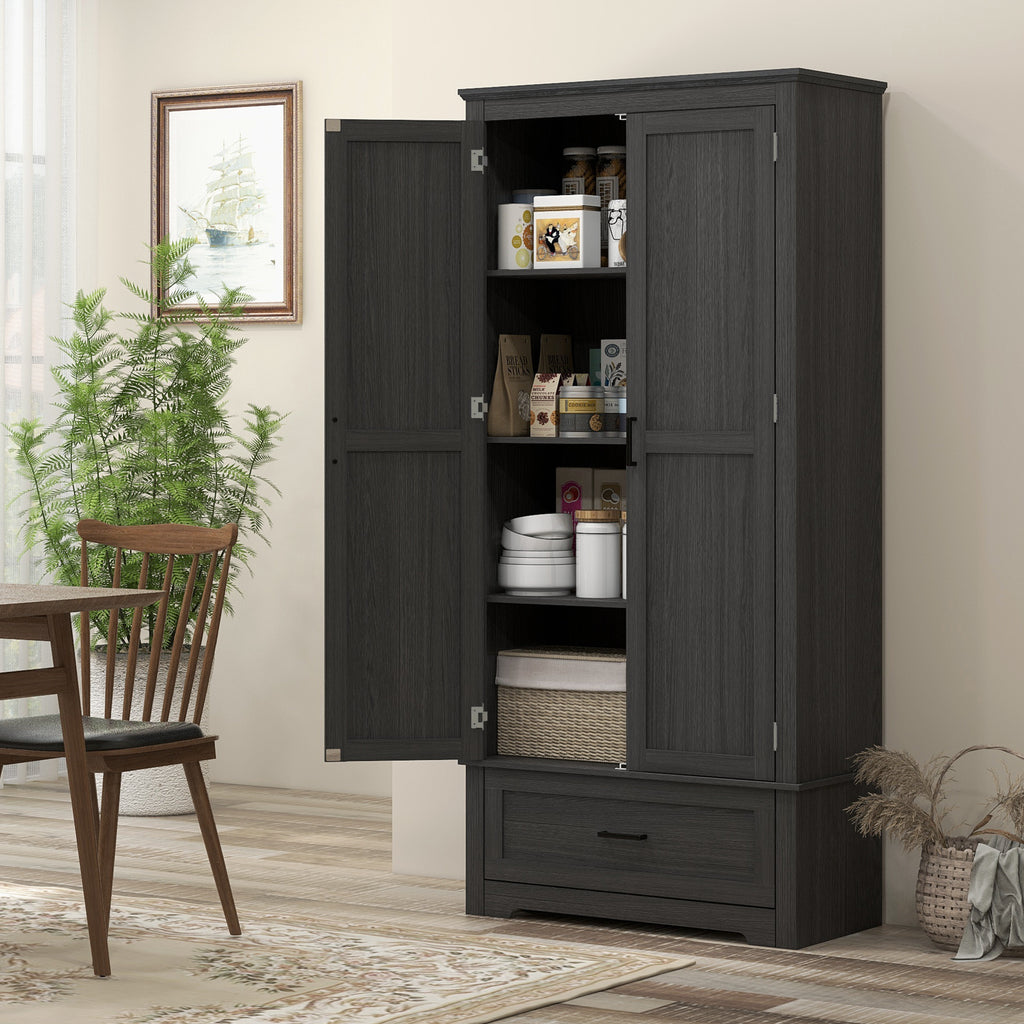 69" Tall Farmhouse Kitchen Pantry Cabinet with 2 Doors, Drawer and Adjustable Shelves, Black Wood Grain