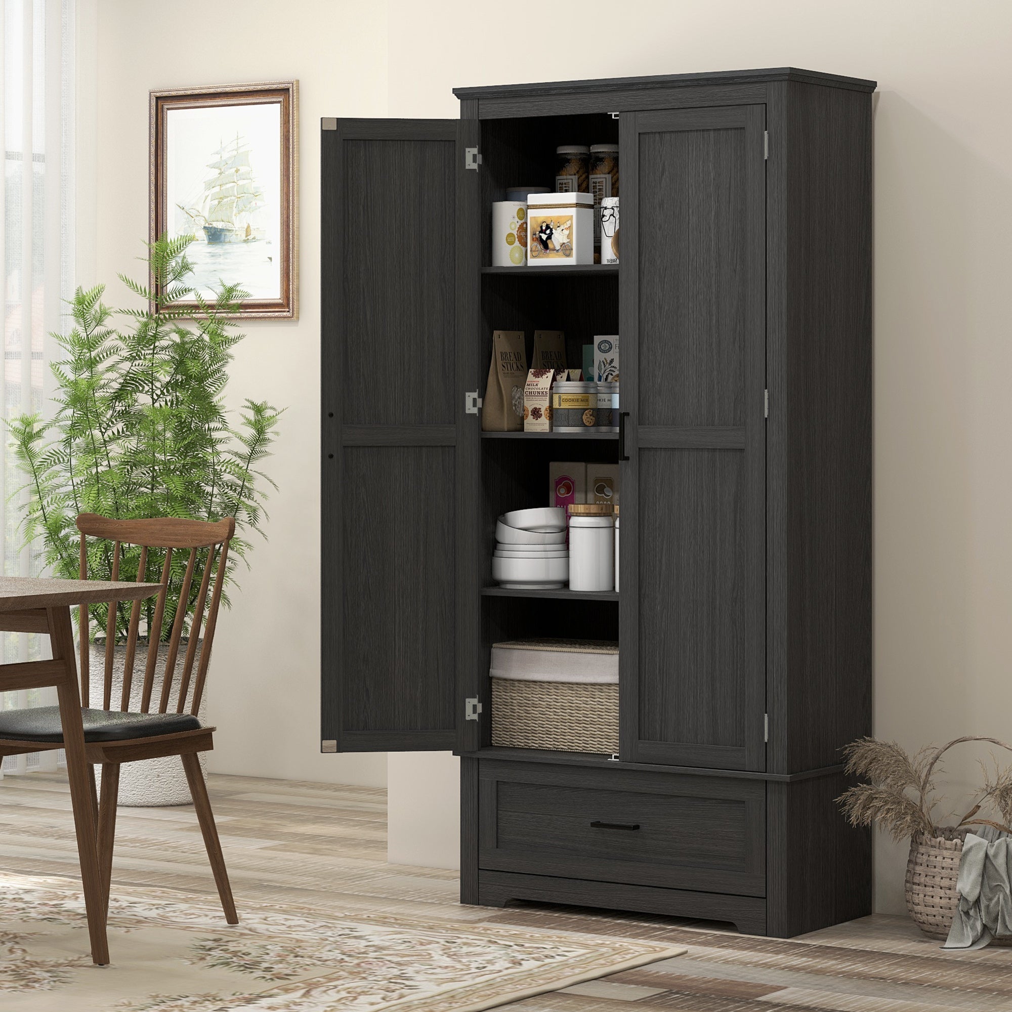 69" Tall Farmhouse Kitchen Pantry Cabinet with 2 Doors, Drawer and Adjustable Shelves, Black Wood Grain