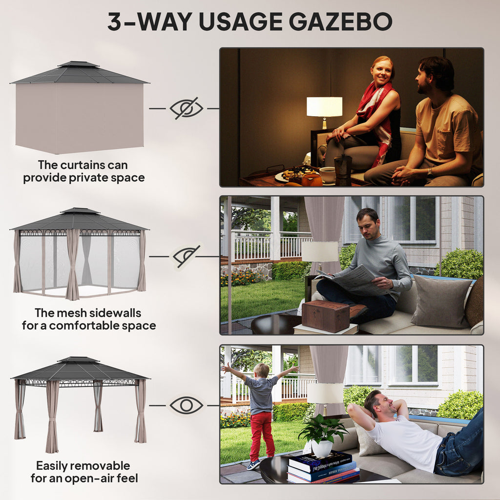 10' x 12' Outdoor Gazebo Canopy, Double Roof Hardtop Gazebo with Polycarbonate Roof, Steel Frame, Nettings and Curtains, for Garden, Lawn, Backyard and Deck, Khaki