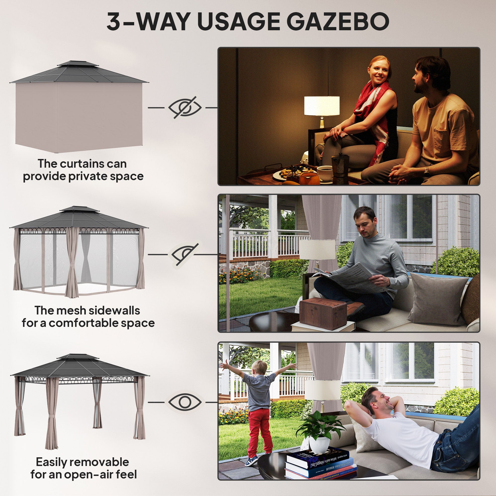 10' x 12' Outdoor Gazebo Canopy, Double Roof Hardtop Gazebo with Polycarbonate Roof, Steel Frame, Nettings and Curtains, for Garden, Lawn, Backyard and Deck, Khaki