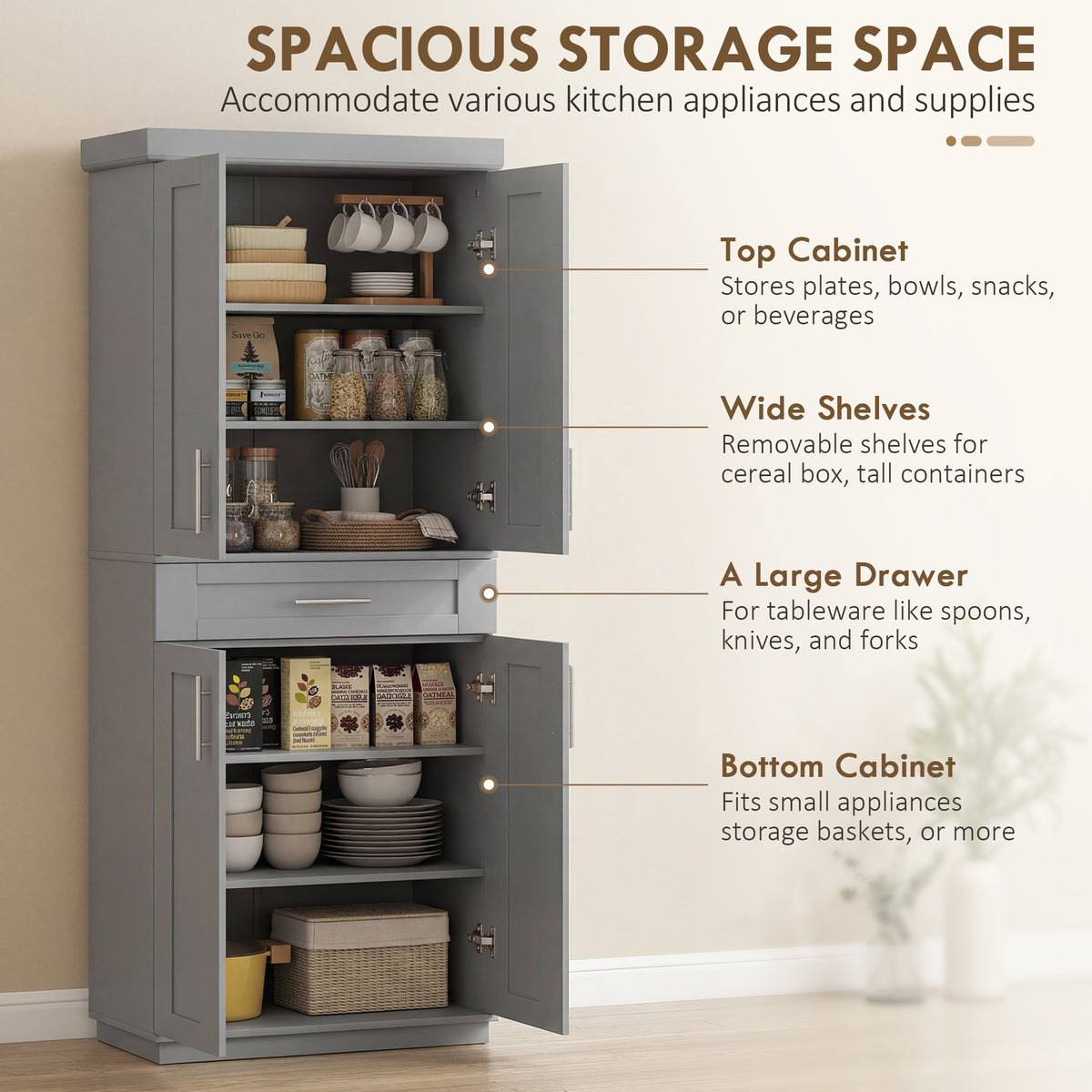 72" Storage Cabinet, Freestanding Kitchen Pantry Cabinet with 4 Doors, Drawer and 3 Adjustable Shelves, White