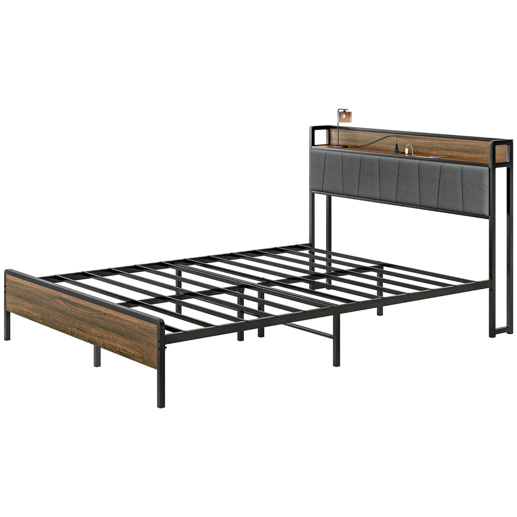 Queen Size Bed Frame with Charging Station, Queen Bed Frame with Upholstered Headboard and Storage Shelf, Walnut