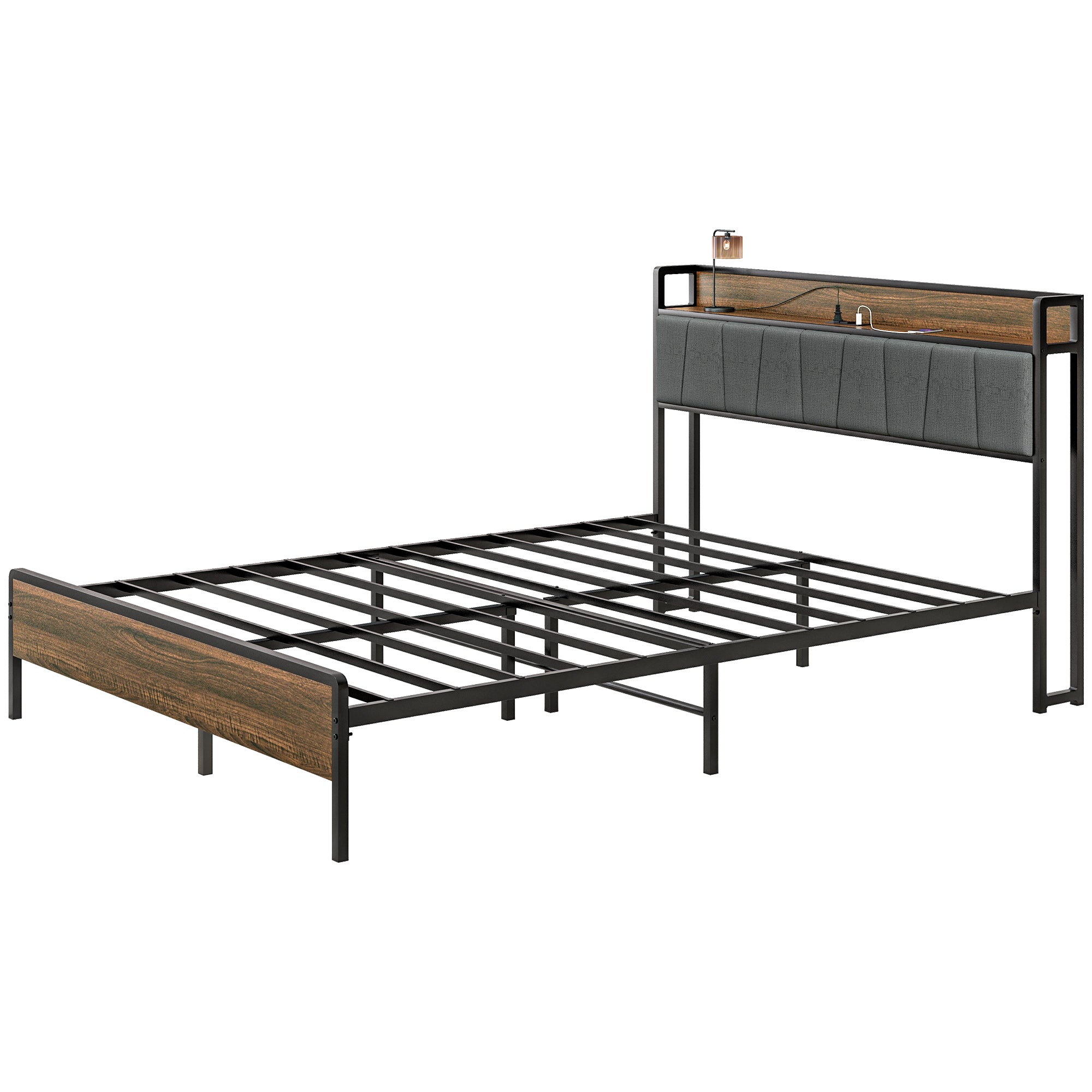 Queen Size Bed Frame with Charging Station, Queen Bed Frame with Upholstered Headboard and Storage Shelf, Walnut