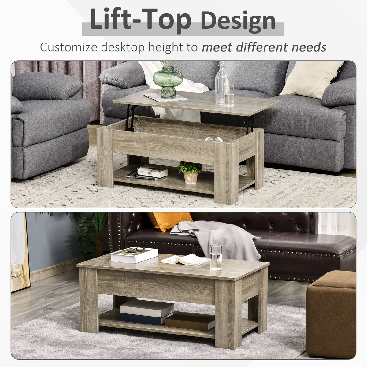 Lift Top Coffee Table with Hidden Storage Compartment and Open Shelf, Center Table for Living Room, Grey