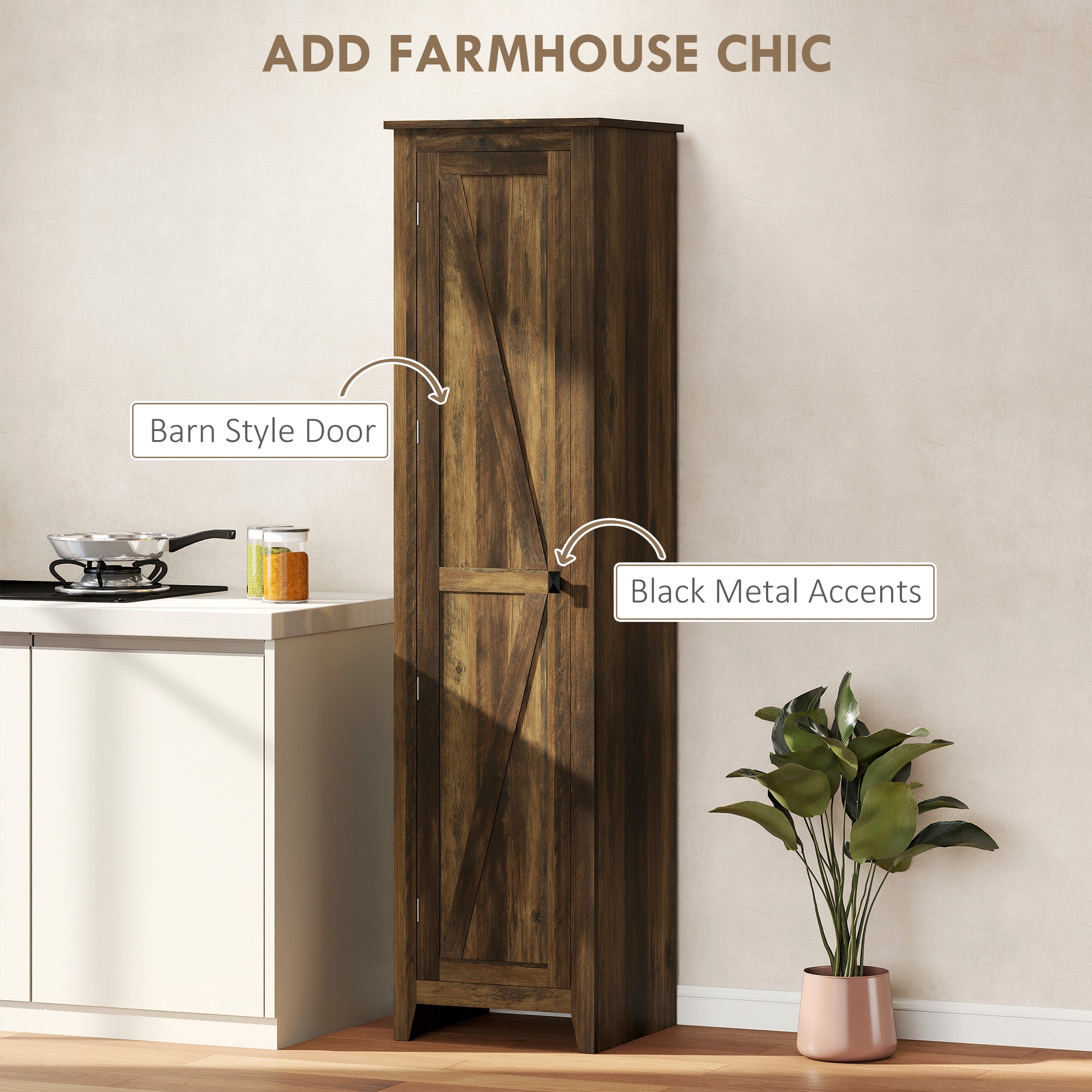 48" Farmhouse Kitchen Pantry Storage Cabinet with Barn Door, Kitchen Pantry Cabinet with Adjustable Shelves, White