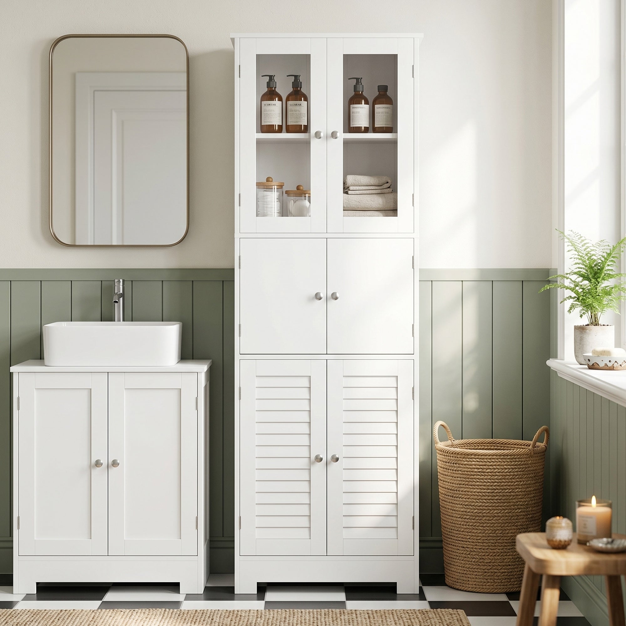 Freestanding Bathroom Cabinet with Glass/Louvred Doors, Tall Bathroom Cabinet for Kitchen, Study, Living Room