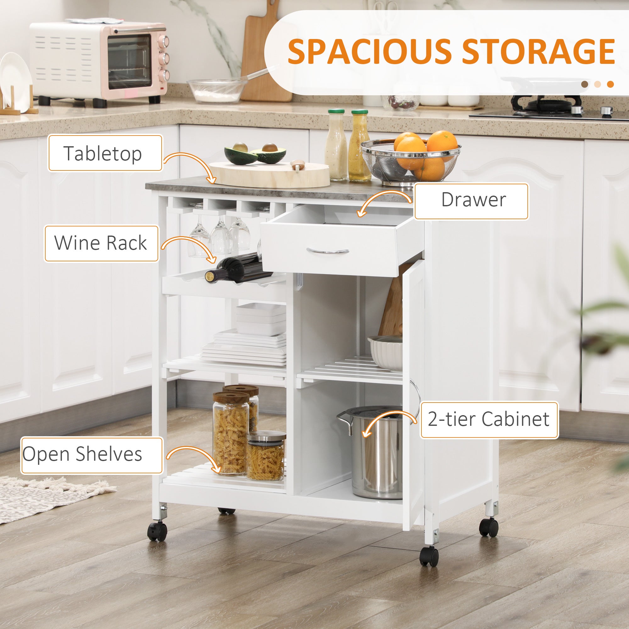Rolling Kitchen Cart, Bar Cart on Wheels with Wine Rack, Drawer, Open Shelves, Cabinet and Faux Marble Top, Kitchen Island with Storage, White