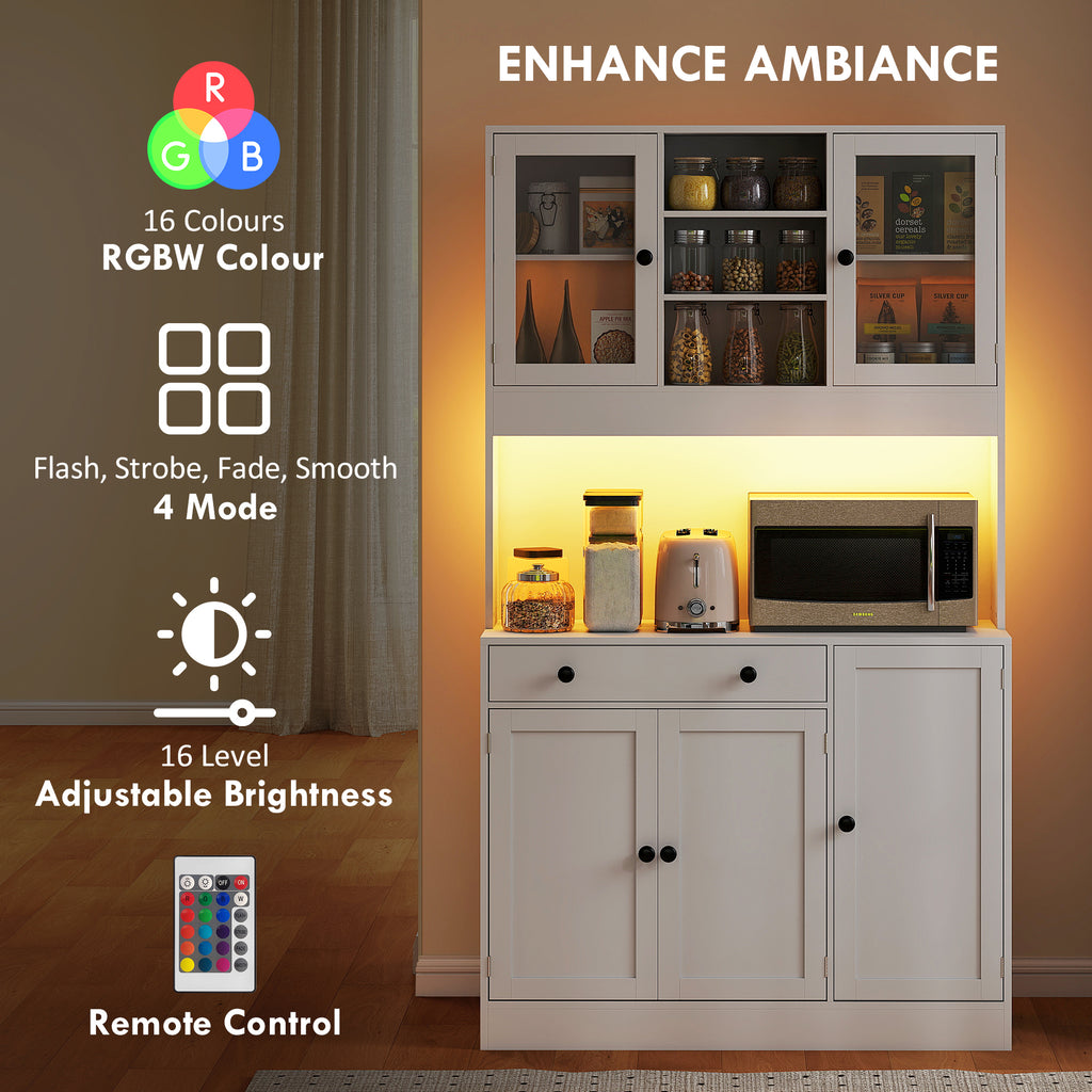 ከ LED መብራት ጋር ዝተዳለወ ነዊሕ ክሽን ፓንትሪ፣ ብራኽ፣ መደርደሪ፣ መሳልብን ማዕጾን ዘለዎ ነጻ ደው ዝብል መደርደሪ ካቢኔት፣ ጻዕዳ