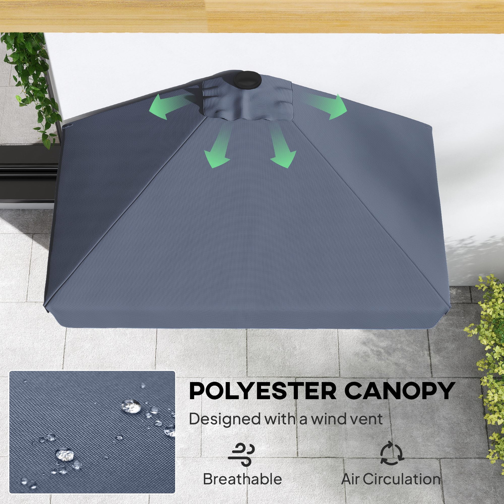 9.8ft Half Umbrella Semi Round Patio Parasol with Crank Handle, Top Vent for Garden, Balcony- NO BASE INCLUDED Dark Grey