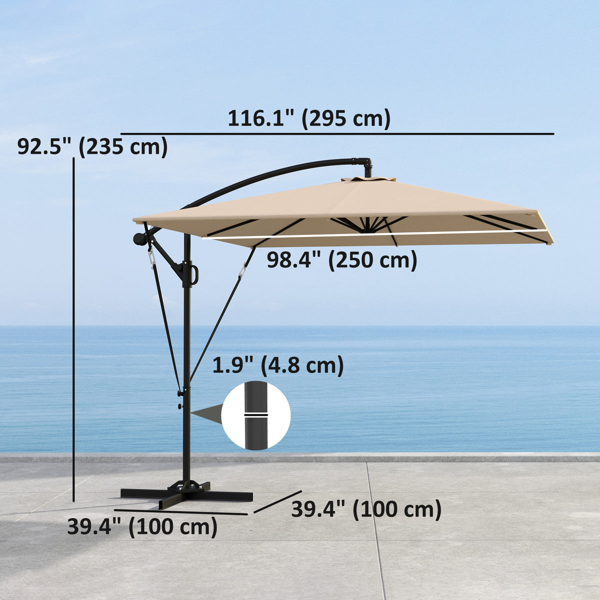Patio Offset Umbrella UPF 50+ UV Protection, Crank Parasol with Base, Cover & Wind Securing, Khaki