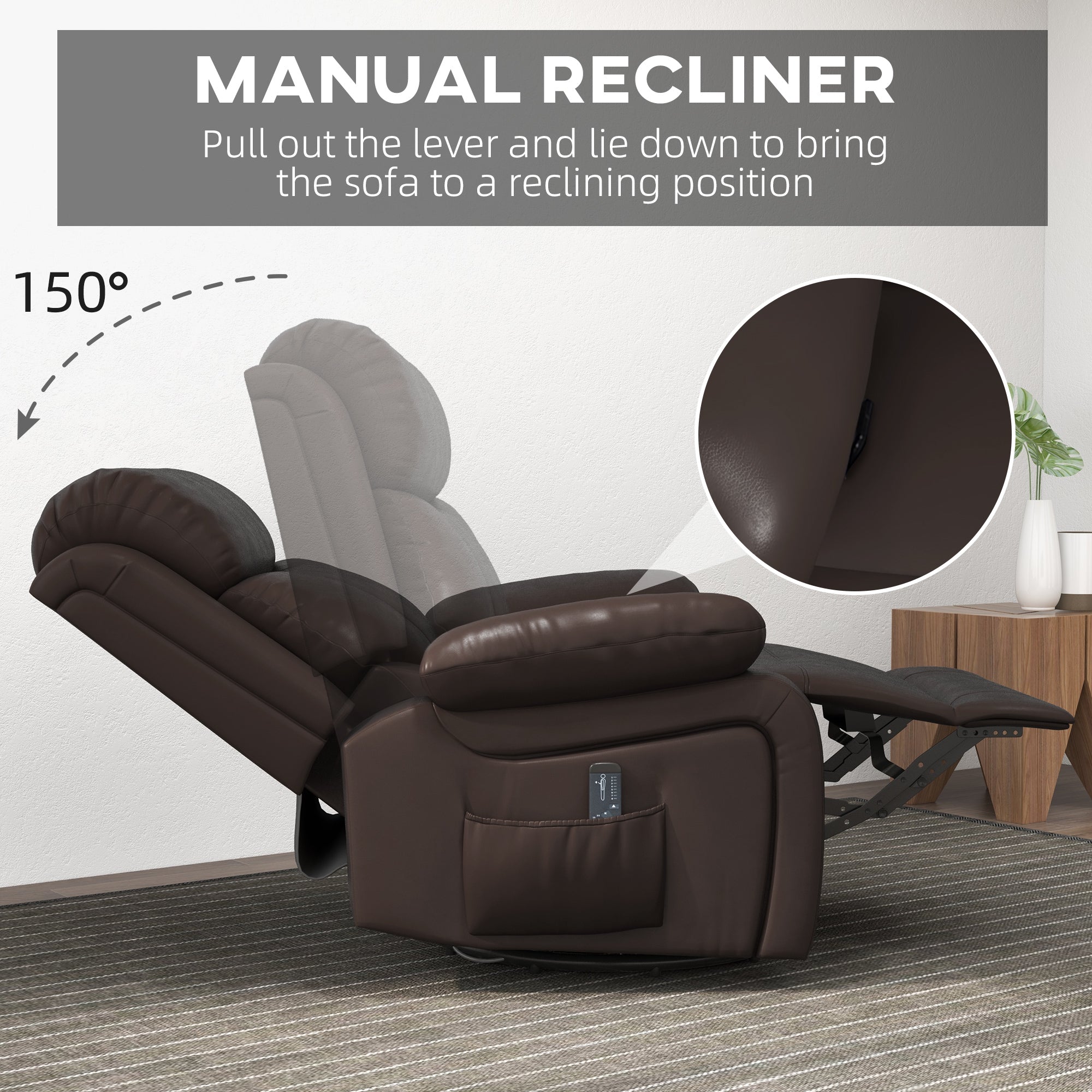 PU Leather Reclining Chair with Vibration Massage Recliner, Swivel Base, Rocking Function, Remote Control, Brown