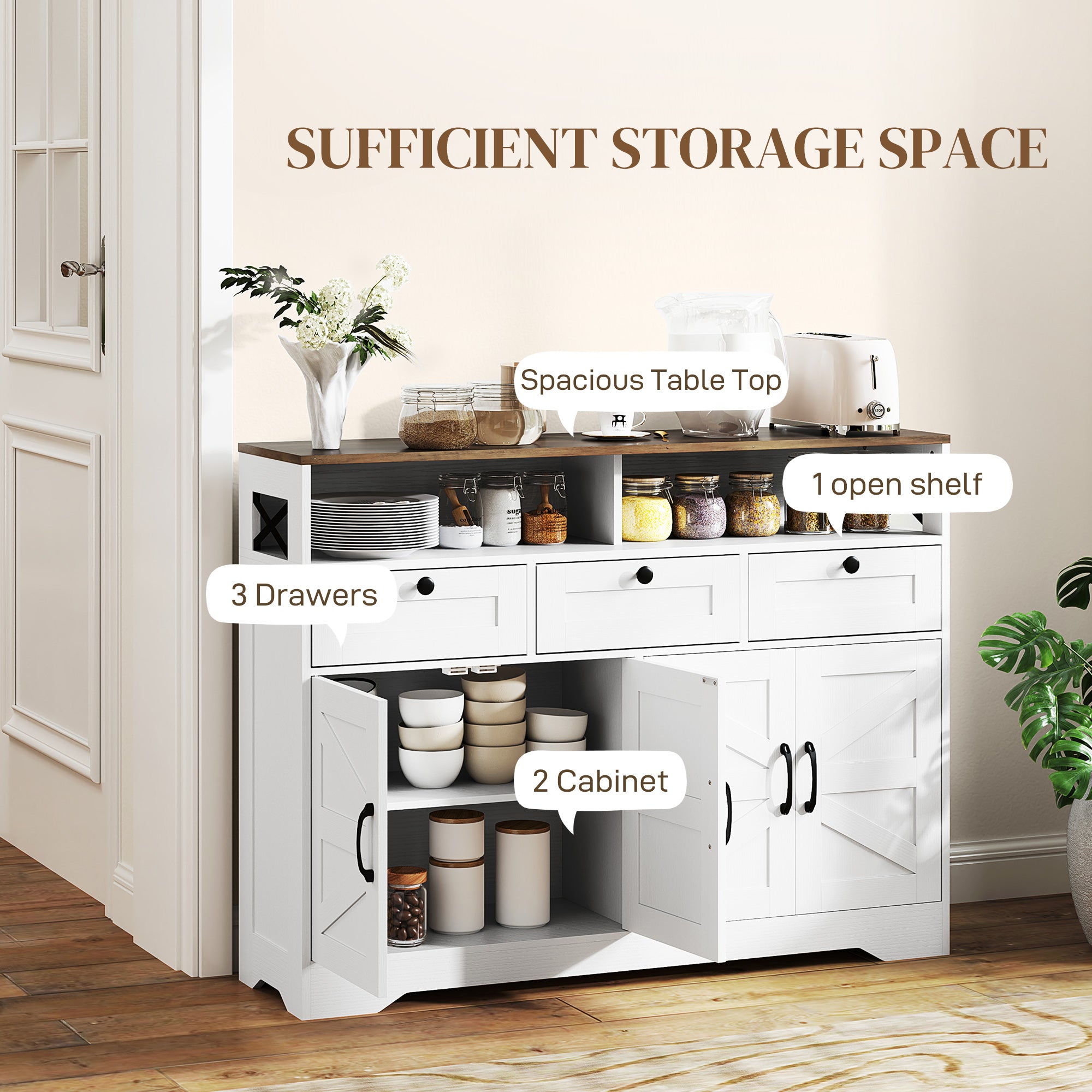 Sideboard, Buffet Cabinet with 4 Barn Doors and 3 Drawers, Coffee Bar Cabinet with Adjustable Shelves, Black
