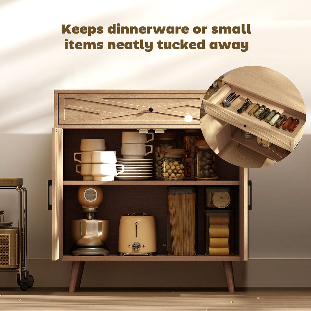 30" Sideboard with Patterned Doors, Buffet Cabinet with Drawer and Cabinet for Dining Room, Oak