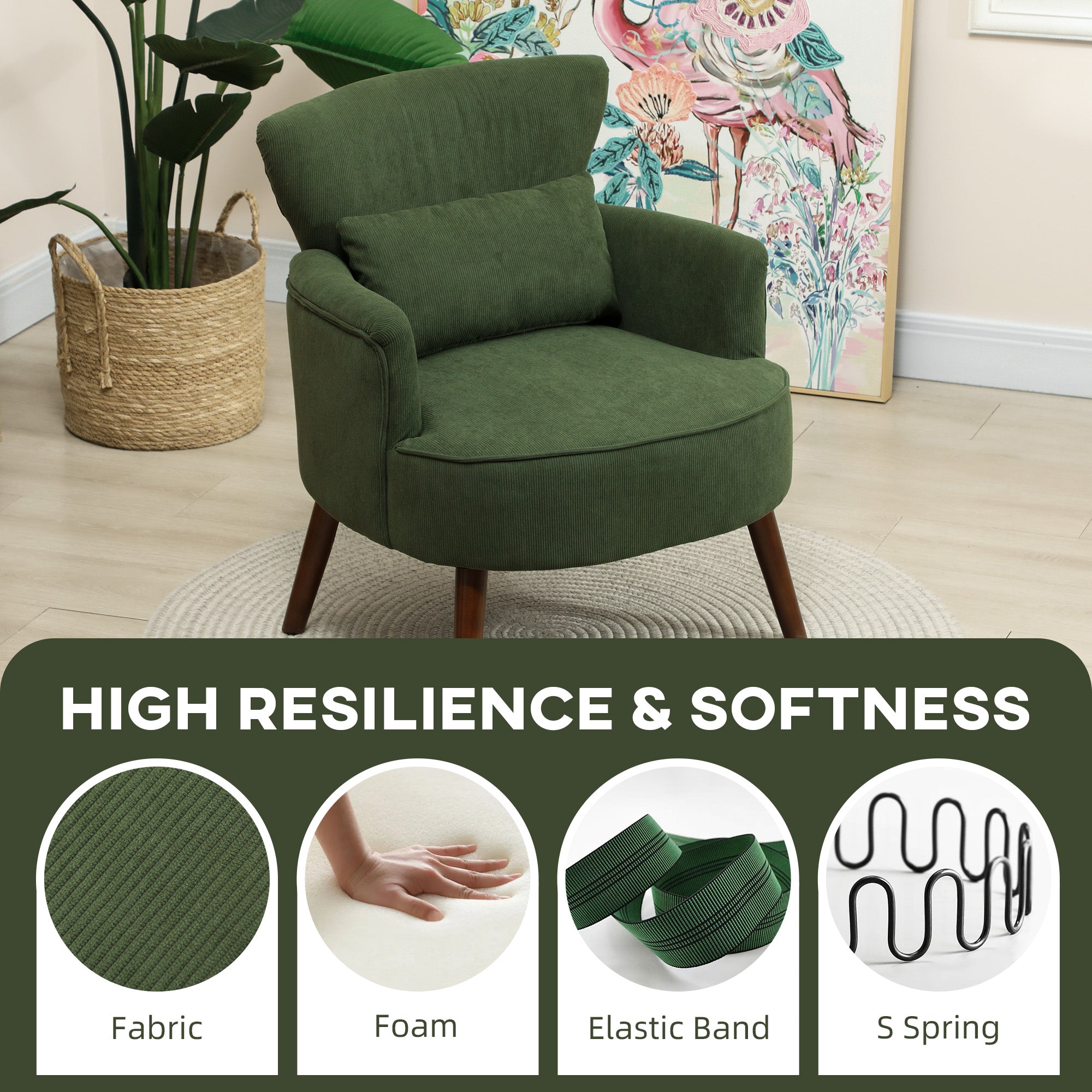 Modern Accent Chair, Upholstered Armchair with Solid Wood Legs and Lumbar Pillow for Living Room, Green