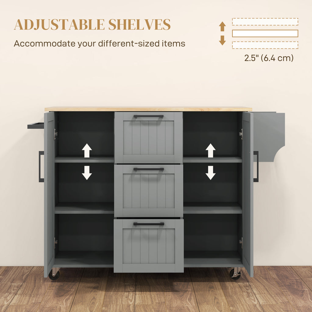 Rolling Kitchen Cart on Wheels with Drop Leaf, Kitchen Island with 3 Drawers, Solid Wood Top and Towel Rack, White