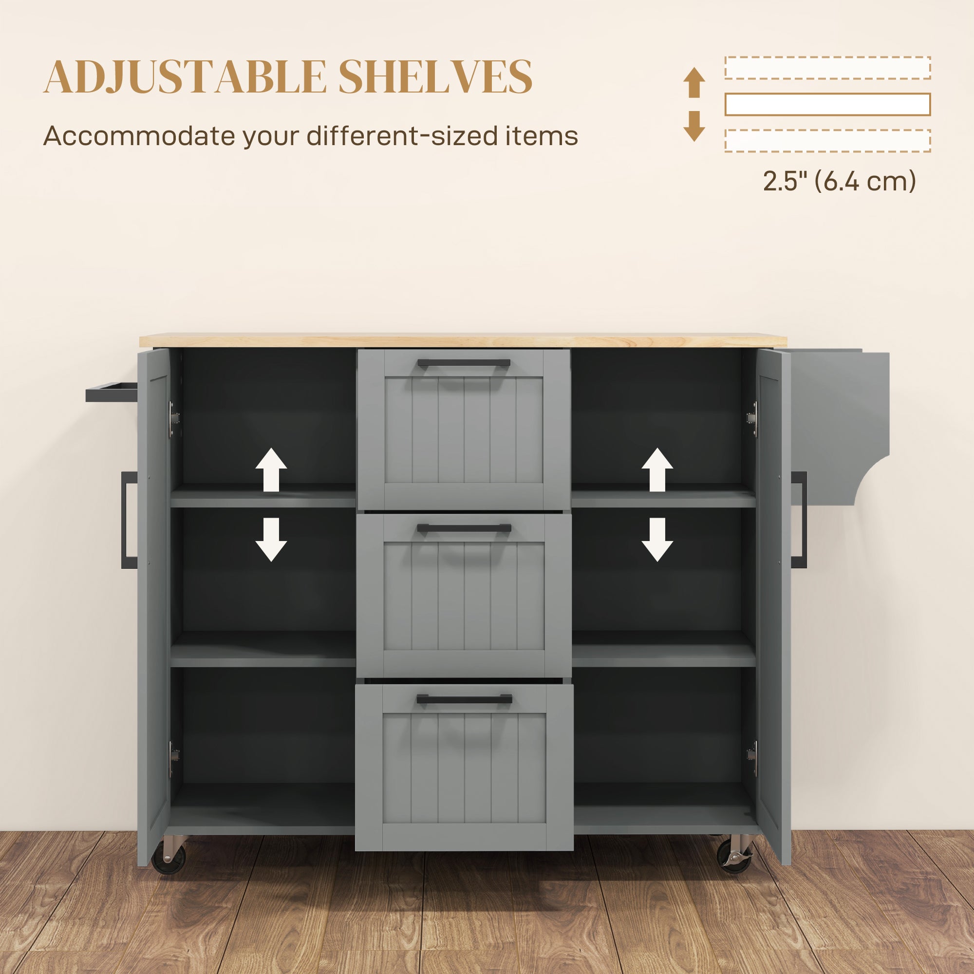 Rolling Kitchen Cart on Wheels with Drop Leaf, Kitchen Island with 3 Drawers, Solid Wood Top and Towel Rack, White