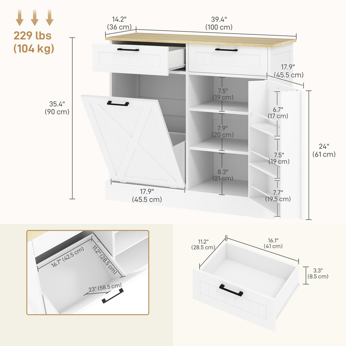 10 Gallon Hidden Garbage Bin Cabinet, Tilt Out Trash Cabinet w/ 2 Drawers, Freestanding Kitchen Island, Black