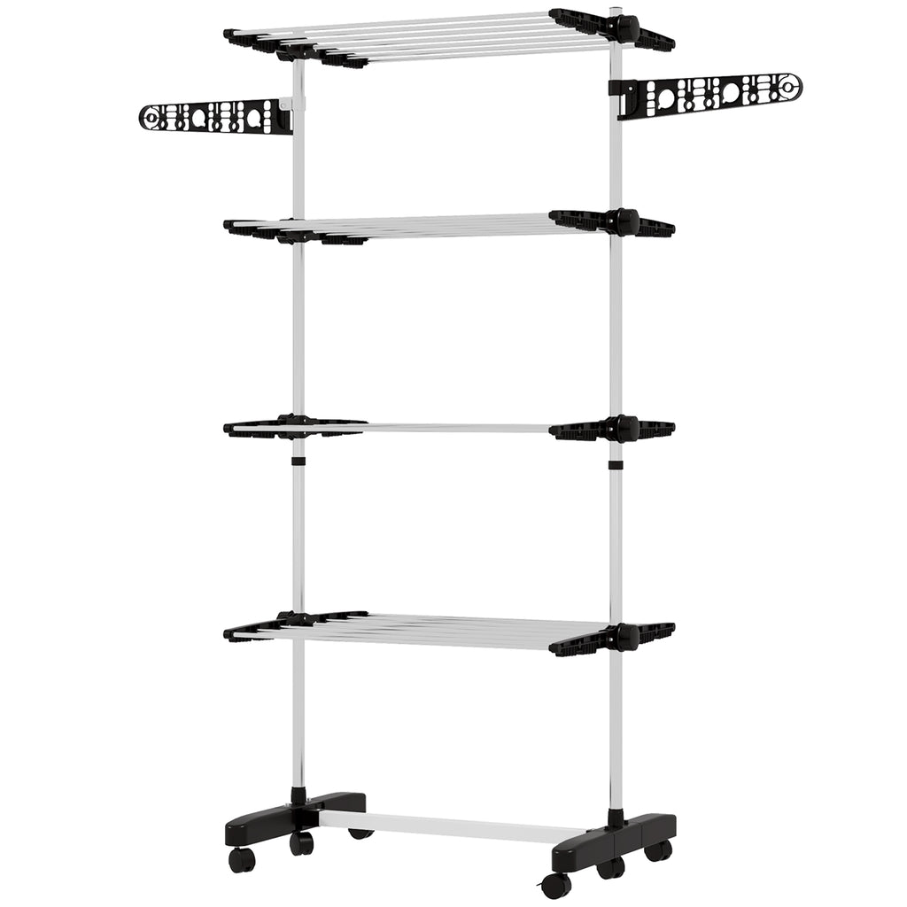 Garment Drying Rack Stainless Steel Folding Clothes Hanging Rack with Side Wings Castors for Indoor Outdoor White