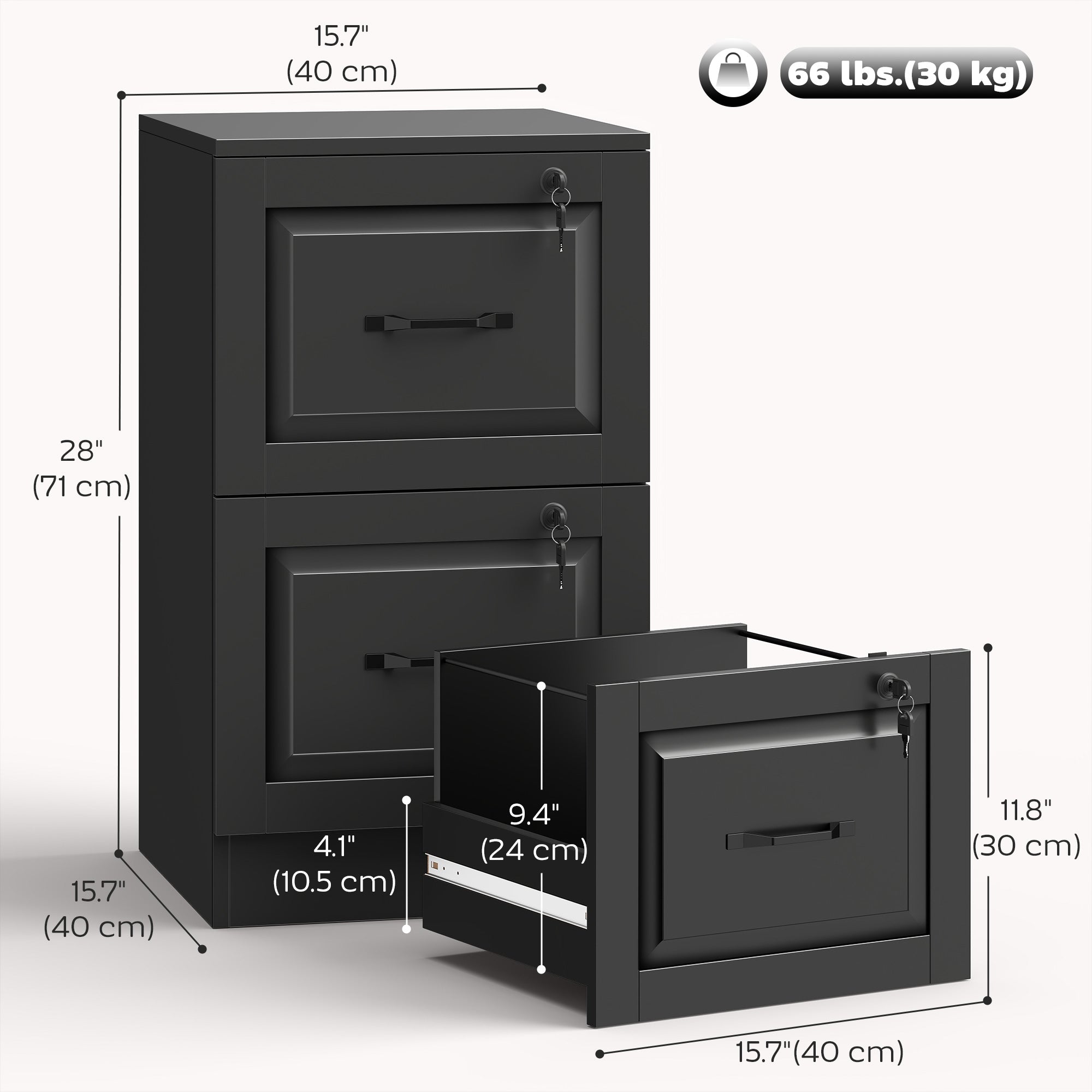 3 Drawer File Cabinet with Lock, Vertical Filing Cabinet with Adjustable Hanging Bars for A4 and Letter Size, Black