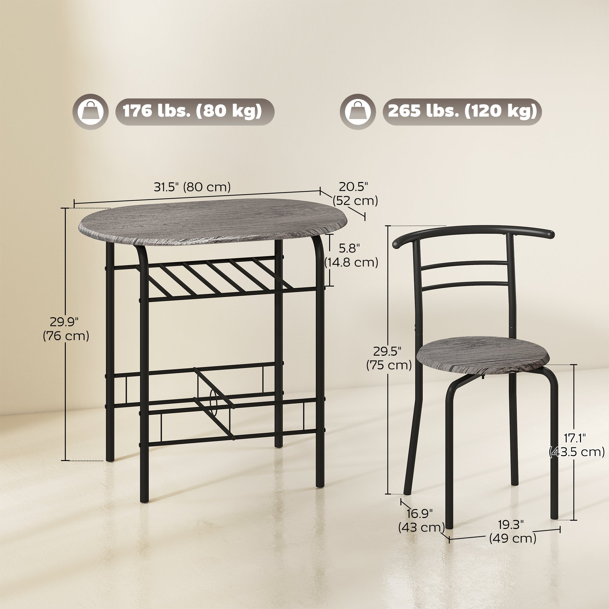 Dining Table Set of 3, 31.5" Kitchen Table and Chairs Set for 2 with Shelf, for Small Space, Dining Room, Living Room