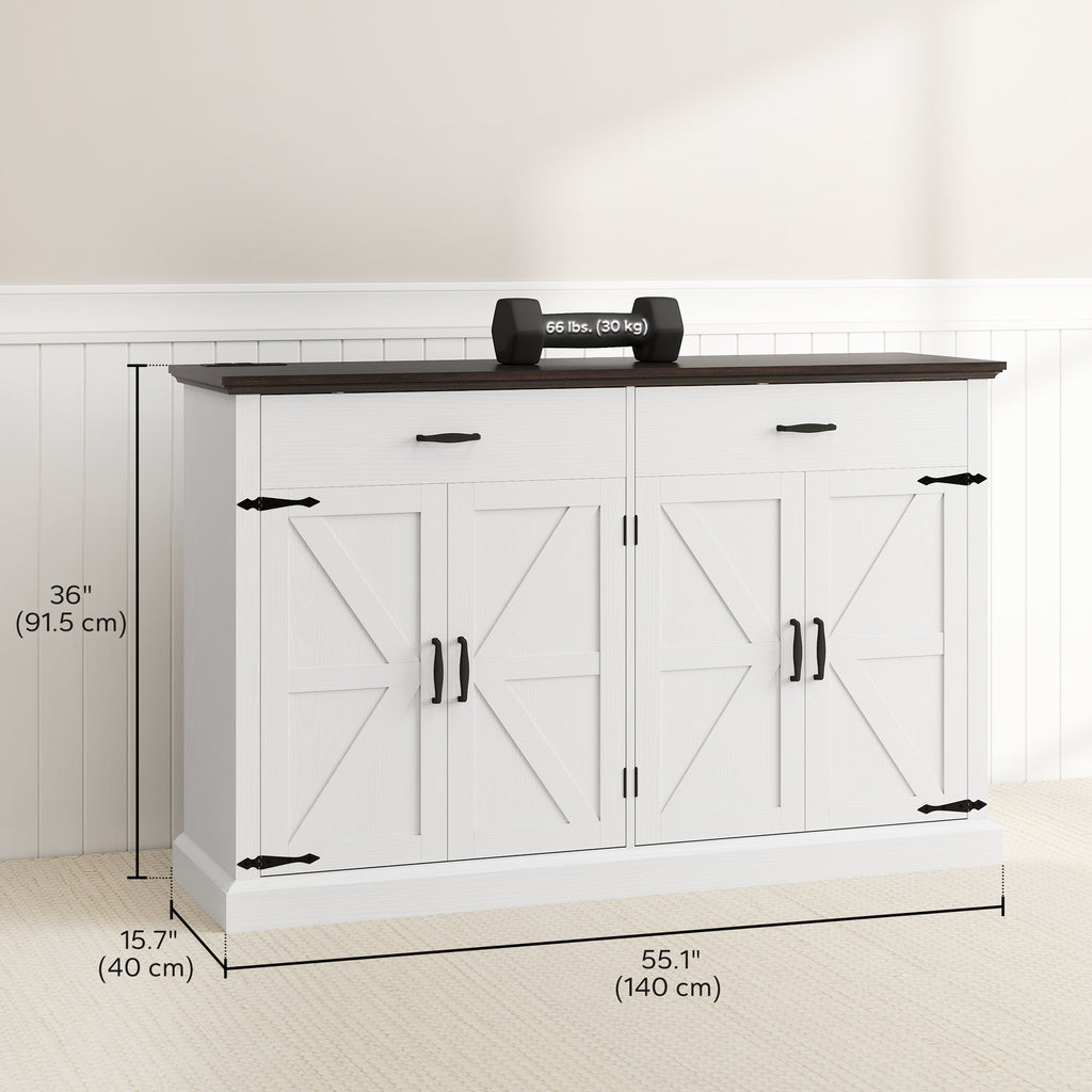 30" Buffet Cabinet, Farmhouse Sideboard with 1.2" Thick Top, 2 Barn Doors, Drawer and Adjustable Shelf, White