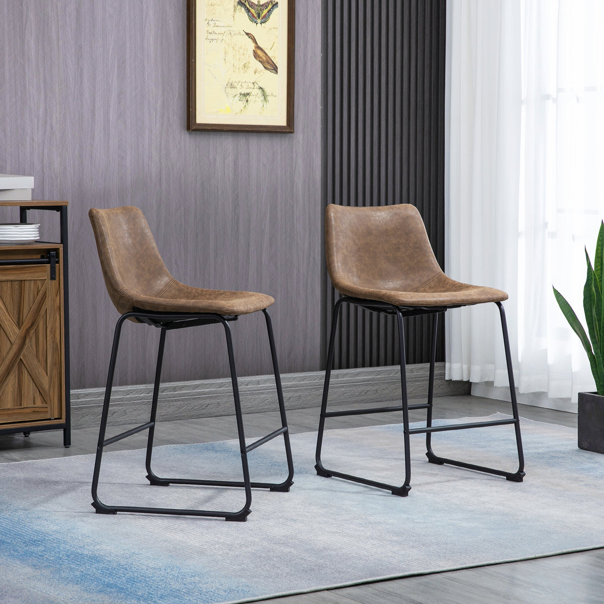 Counter Height Bar Stools Set of 2, Vintage PU Leather Bar Chairs, Kitchen Stools w/ Footrest for Home Bar, Brown