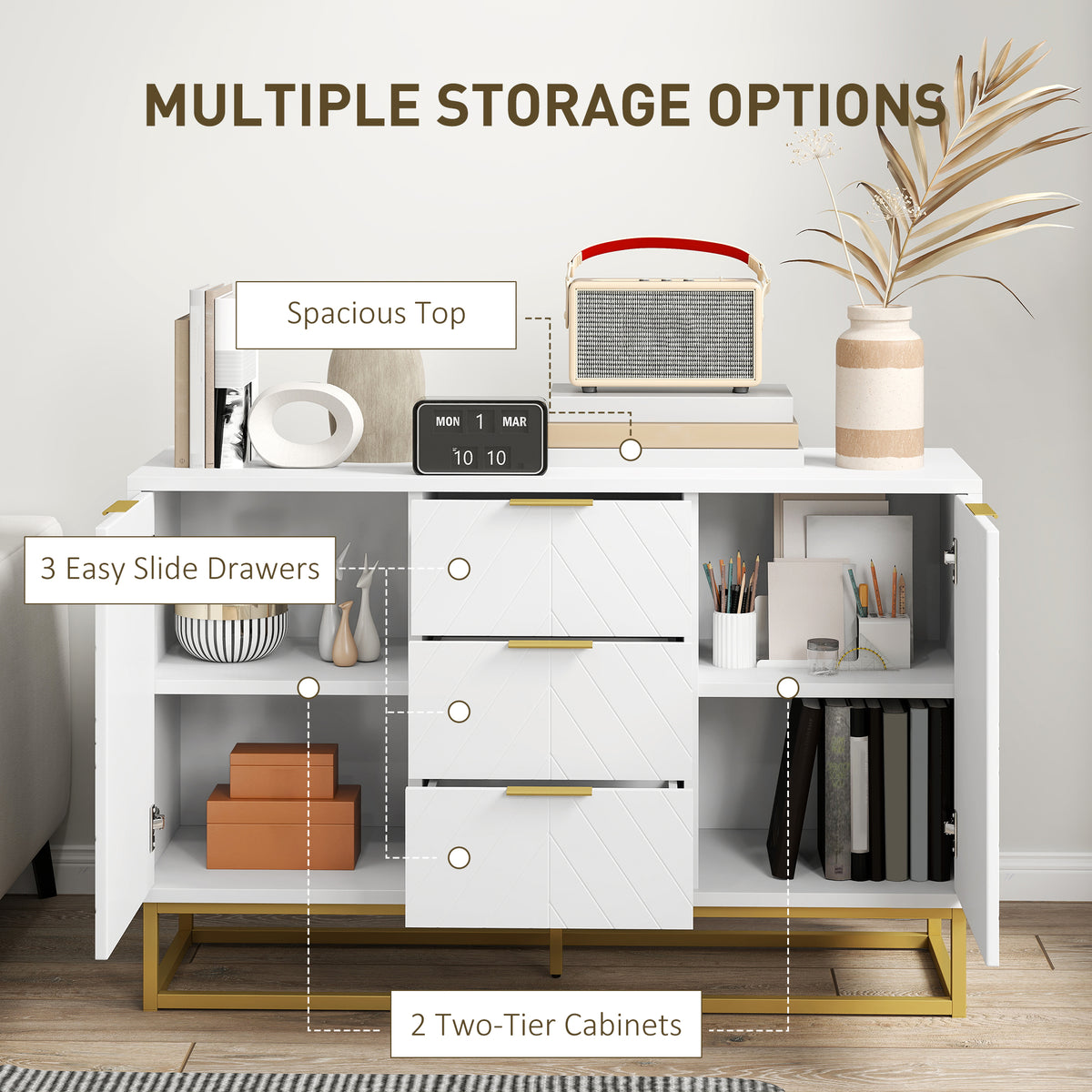 47" Storage Cabinet with Doors, Adjustable Shelves, 3 Drawers, Metal Legs for Kitchen Storage, Home Use, White