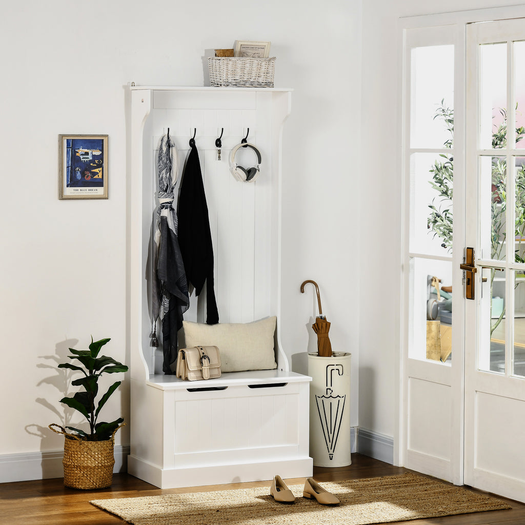 4-In-1 Hall Tree with Coat Rack, Top Shelf, Shoe Storage and Bench Seat, Entryway Bench with 4 Hooks