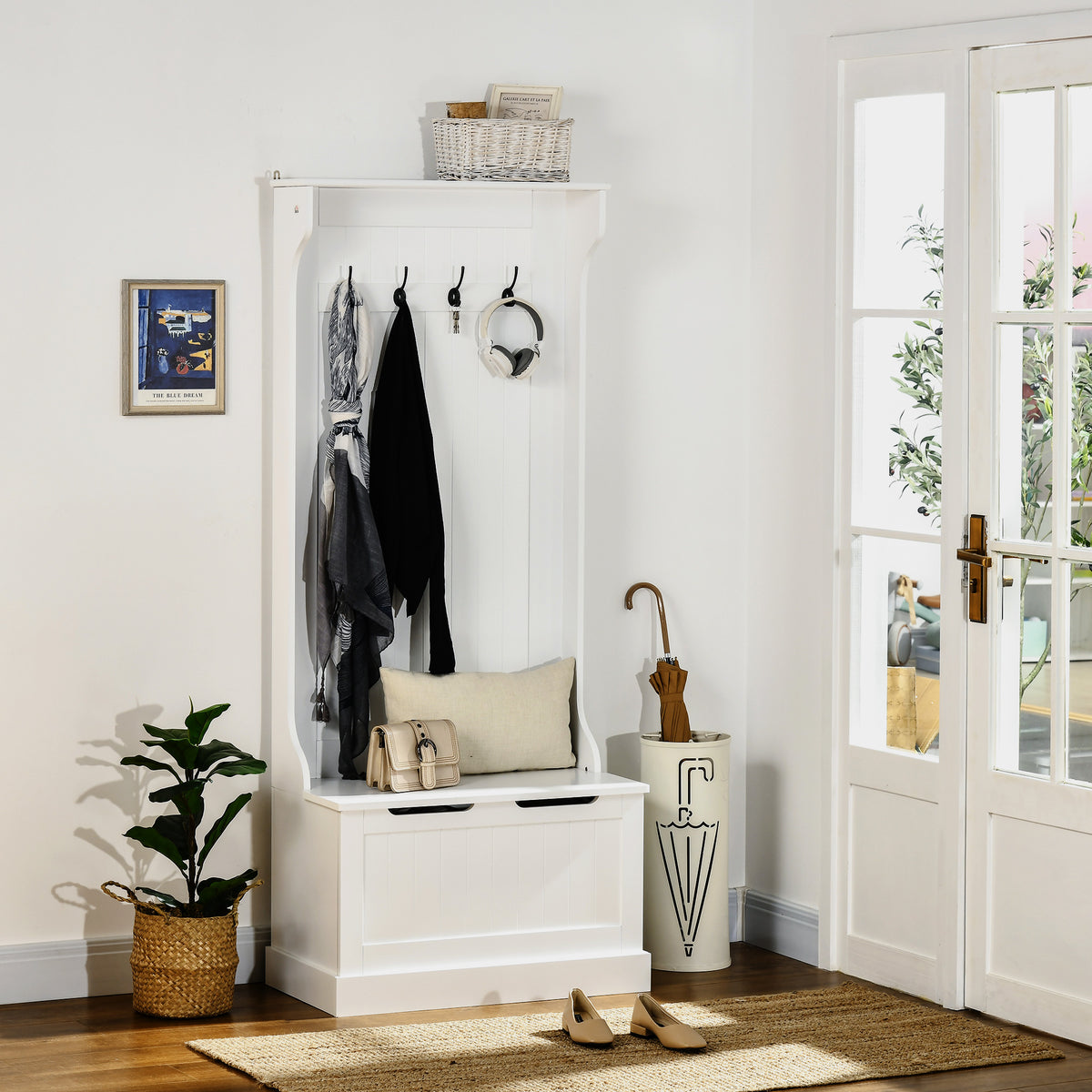 4-In-1 Hall Tree with Coat Rack, Top Shelf, Shoe Storage and Bench Seat, Entryway Bench with 4 Hooks
