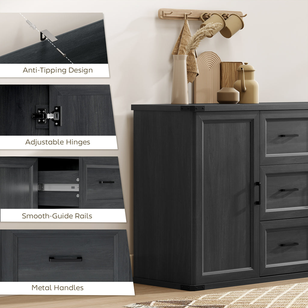 Sideboard with 3 Drawers and 2 Doors, 47" Buffet Cabinet with Adjustable Shelves for Kitchen, Black Wood Grain