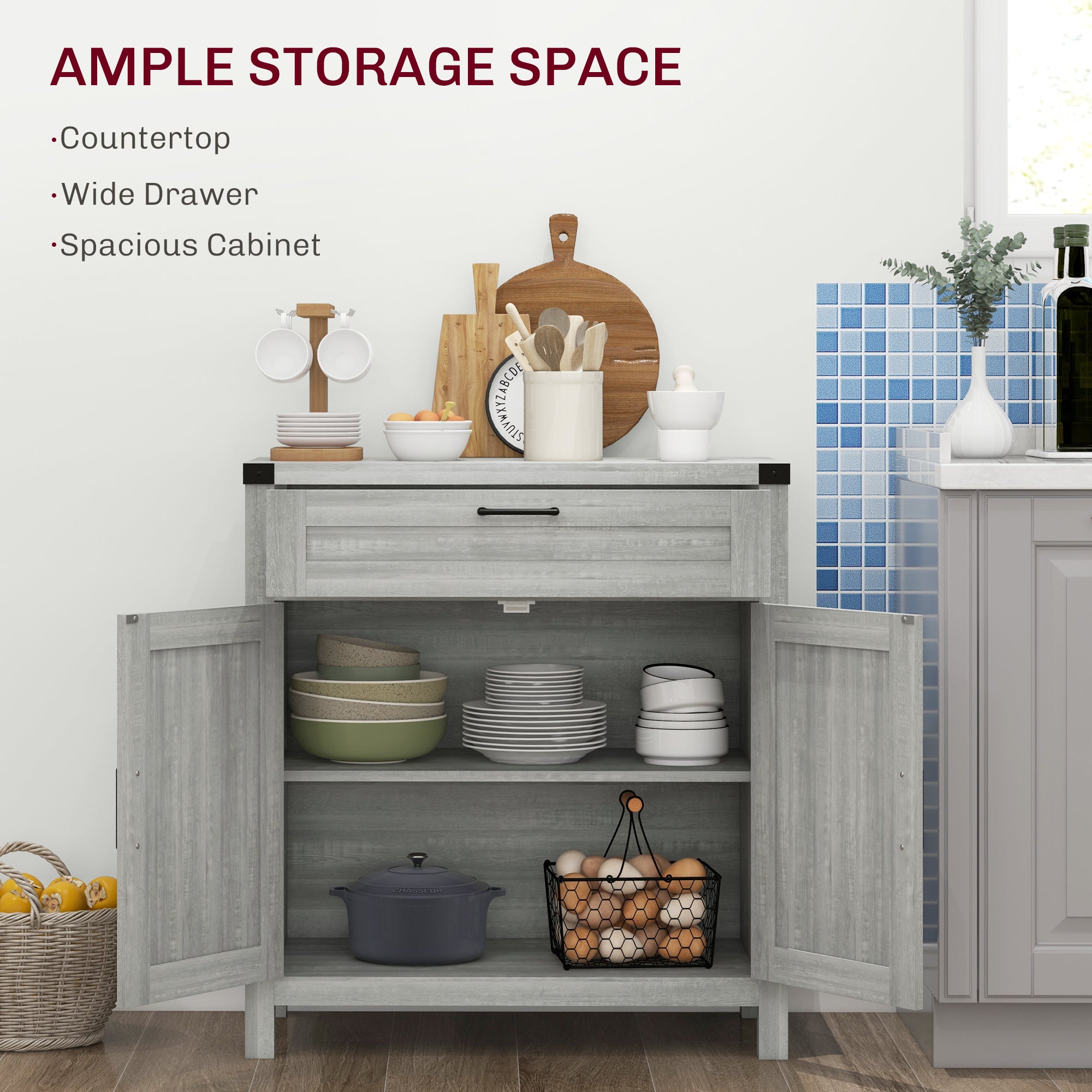 Farmhouse Kitchen Storage Cabinet, Sideboard Buffet Cabinet with 2 Rustic Barn Doors and Drawer, Oak