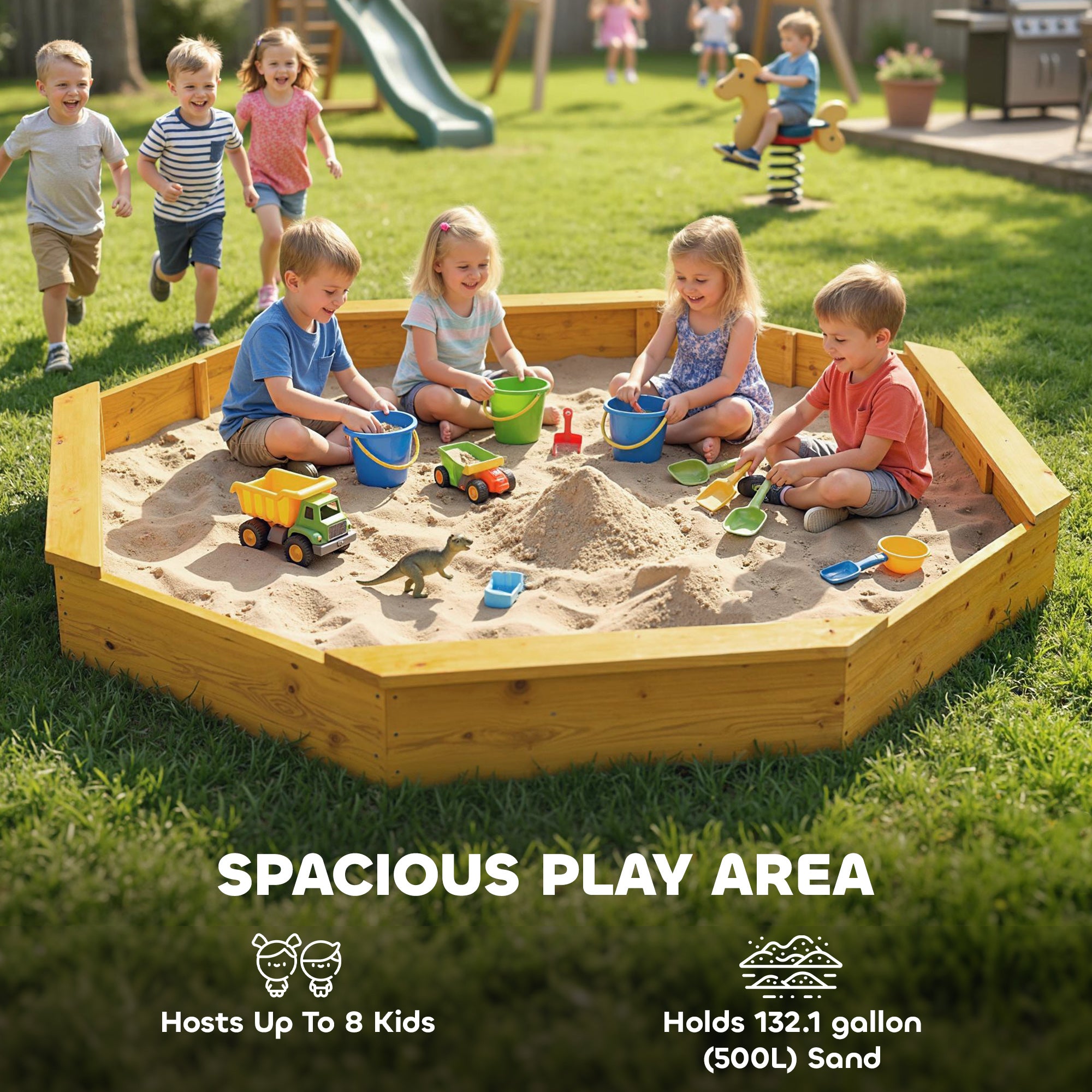 Qaba Wooden Kids Wooden Sandbox with Large Canopy, Outdoor Sand Box with 4 Bench Seats, Bottom Liner for Aged 3-8, Yellow