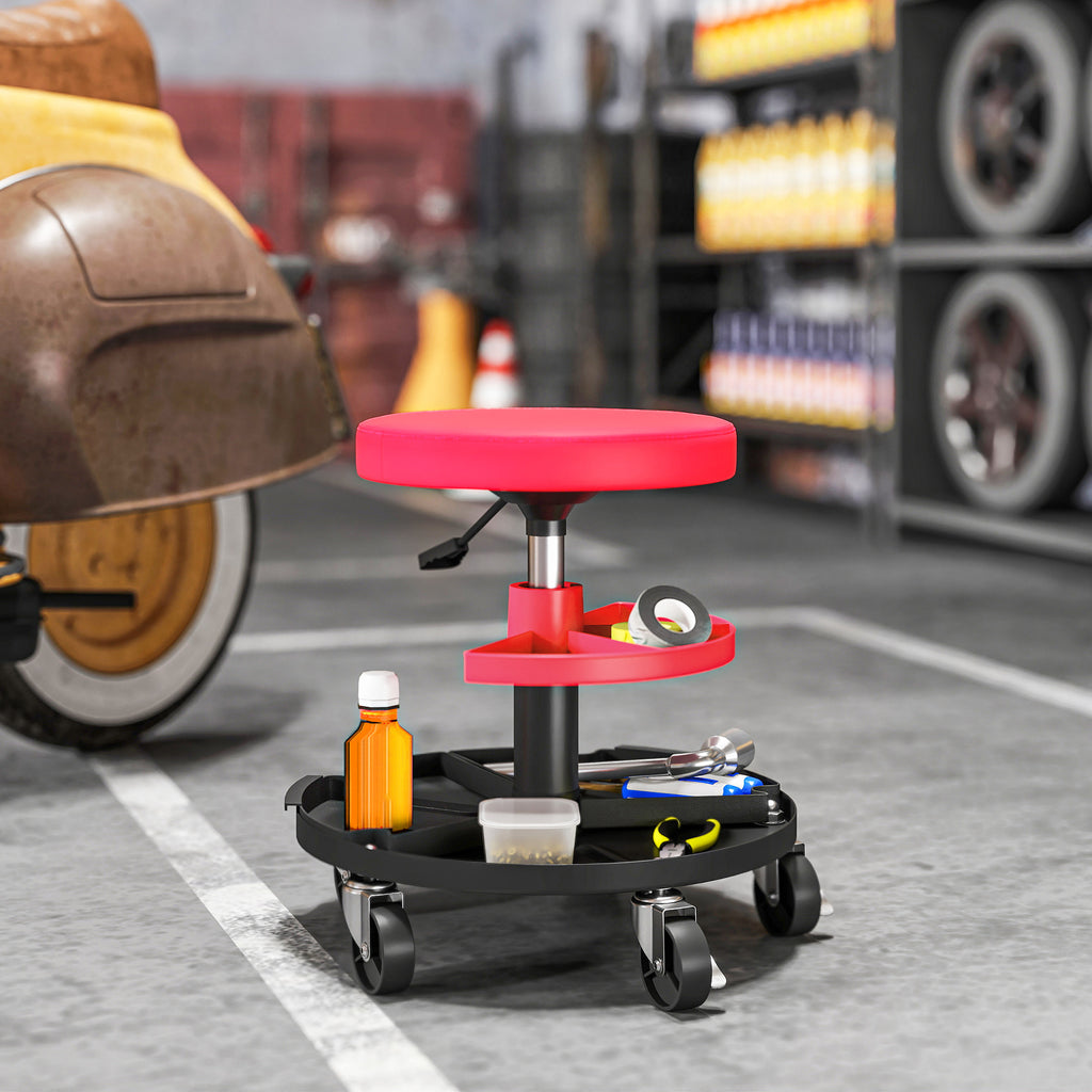 Rolling Garage Stool, 300 LBS Capacity Mechanic Stool with 2.5" Wheels, Tool Trays Storage, Adjustable Height, Red