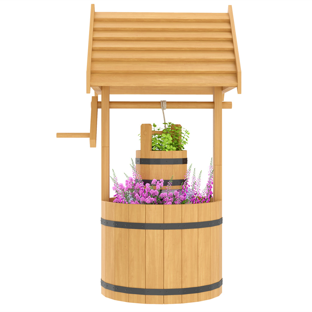Wood Wishing Well Outdoor Wooden Planter with Hanging Bucket and Drainage Hole for Garden, Patio, Backyard, Orange