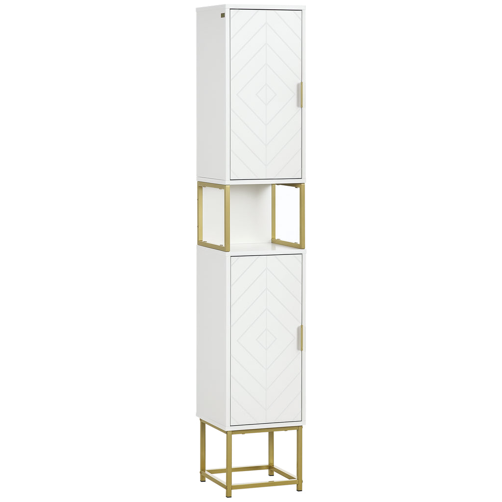 Tall Bathroom Storage Cabinet, Modern Narrow Bathroom Cabinet with Diamond Chevron Pattern and Adjustable Shelf, White