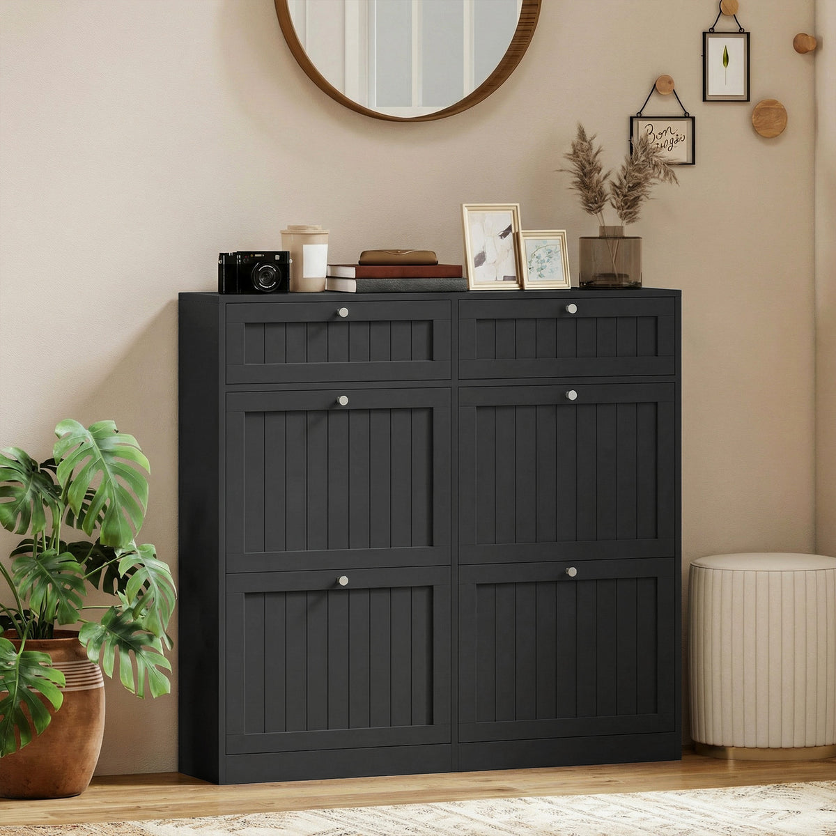 Shoe Cabinet with 2 Large Flip Drawers, Farmhouse Narrow Shoe Storage Cabinet with 2 Top Compartments, White