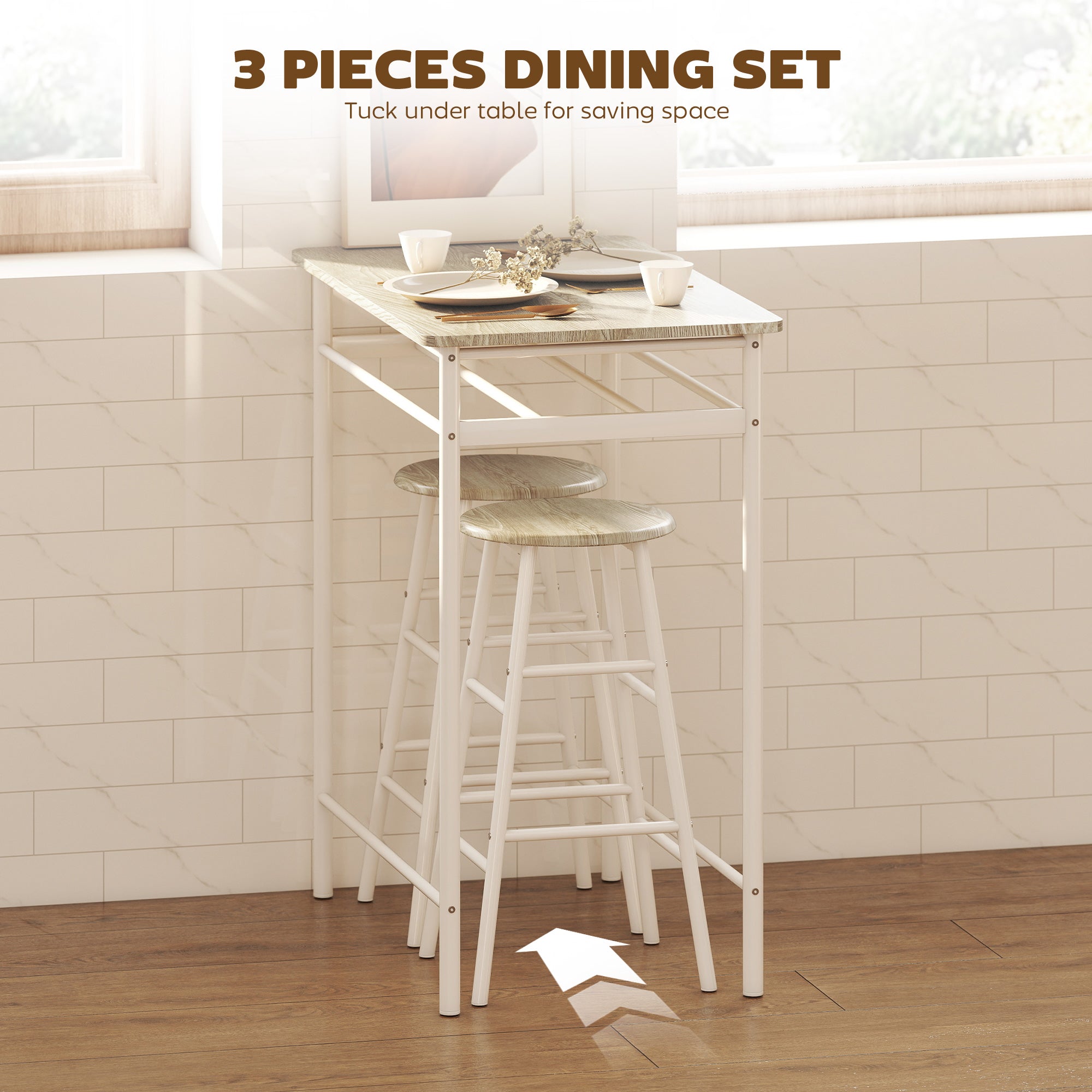 3 Piece Counter Height Bar Table Set with 1 Table, 2 Matching Stools, Dining Table Set with Storage Shelf and Metal Frame Footrest, Black and Oak