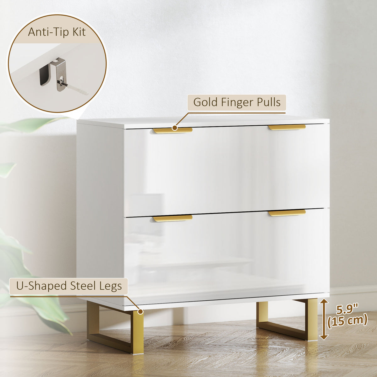 Lateral File Cabinet with 2 Drawers, Modern Filing Cabinet for Letter/A4/Legal Size Files, High Gloss Black