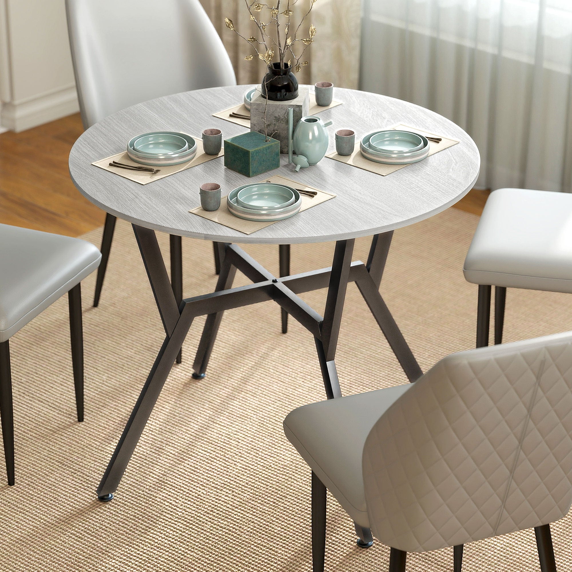 35" Round Dining Table, Modern Dining Room Table with Steel Frame, Space Saving Small Kitchen Table, Brown
