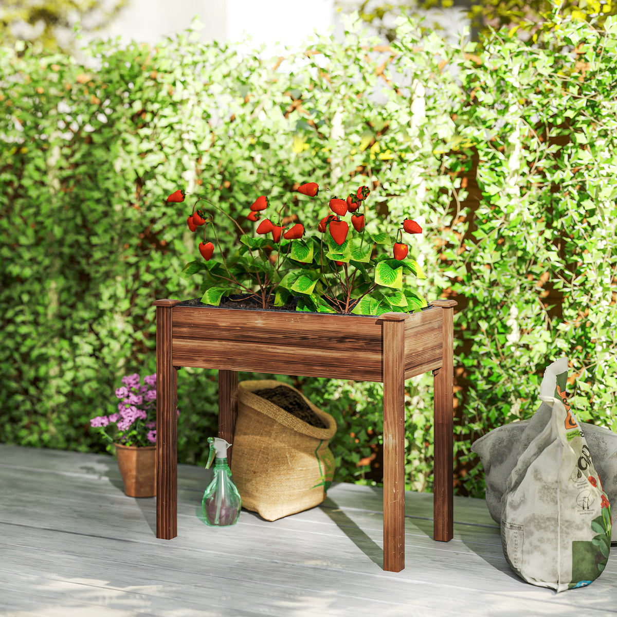 48" x 22" x 30" Wooden Patio Raised Garden Bed Planter, Elevated Planter Box with Legs, Carbonized