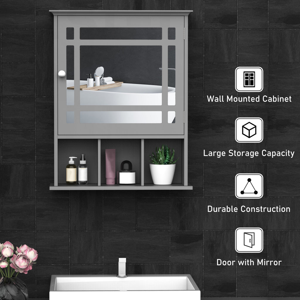 Bathroom Cabinet Wall Mount with Mirror Door 3 Shelf Organizer for Bathroom, Kitchen, Bedroom, Grey