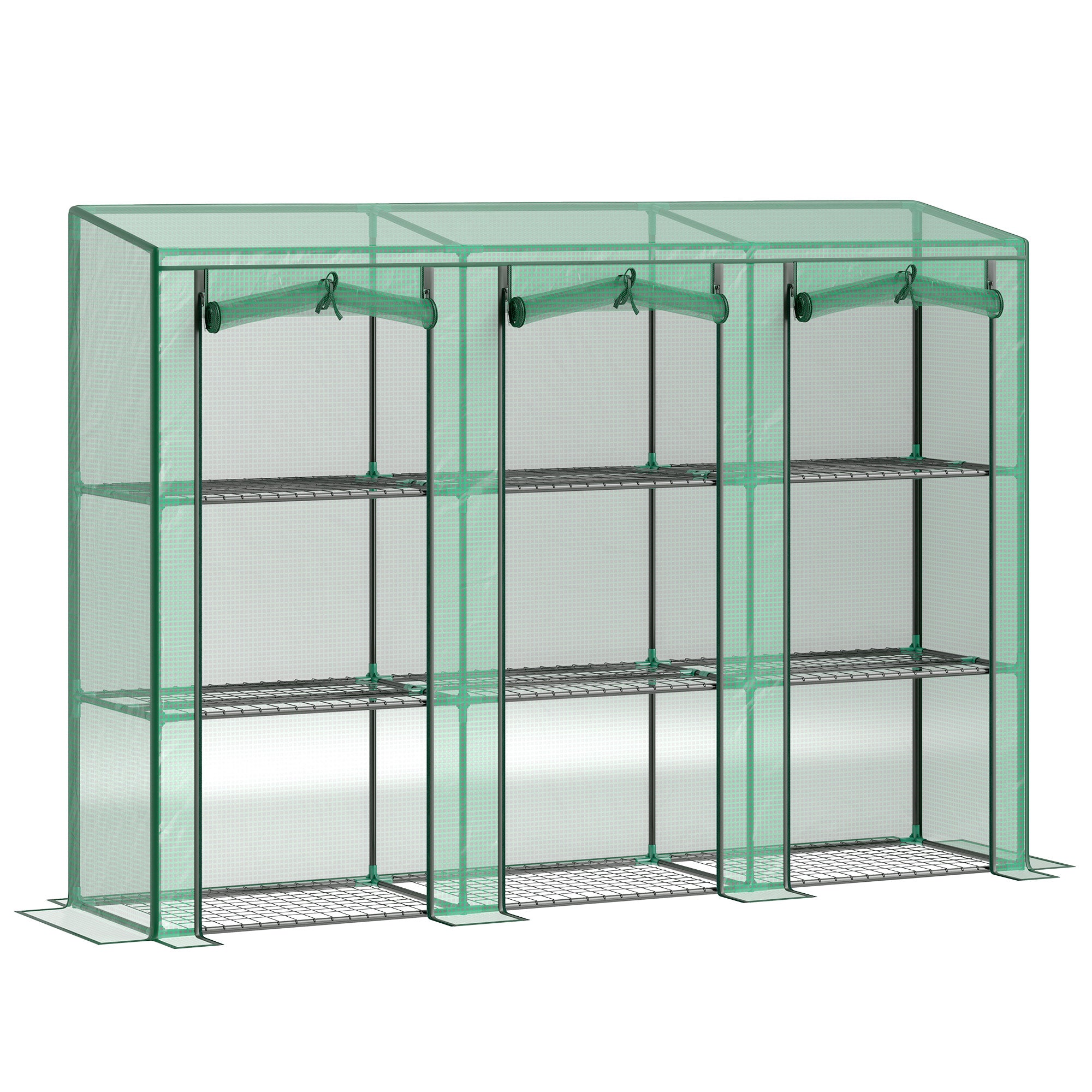 Lean-to Greenhouse with 3 Tier Shelves, Mini Greenhouse with 3 Roll-Up Doors for Indoor Outdoor, Green
