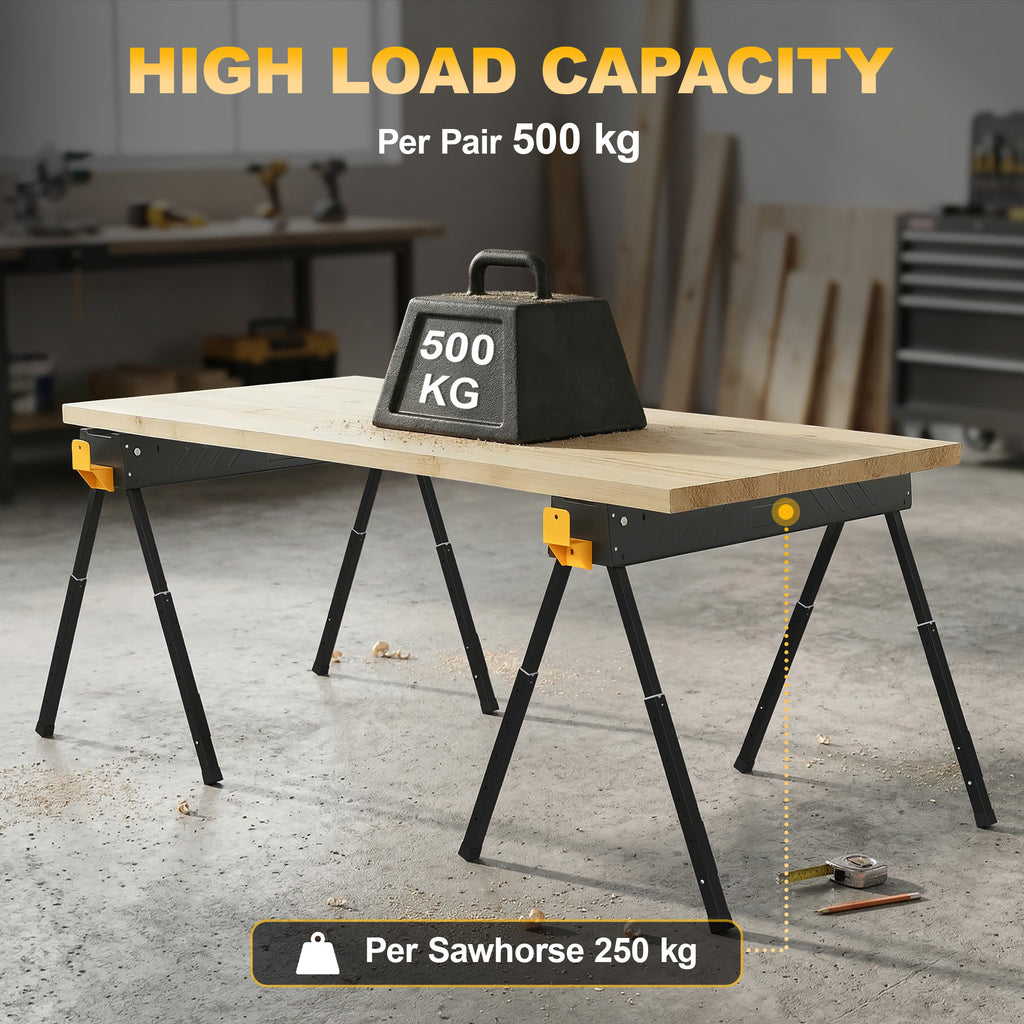 Mitre Saw Stands, Sawhorses with Height Adjustable Legs, 2x4 Bracket, Carry Handle, Black
