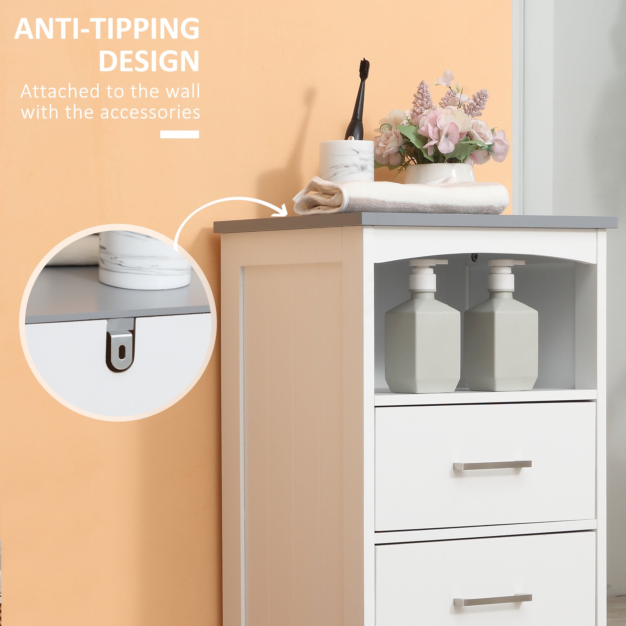 Small Bathroom Storage Cabinet, Floor Cabinet with 3 Drawers and Open Component, Narrow Bathroom Cabinet, White