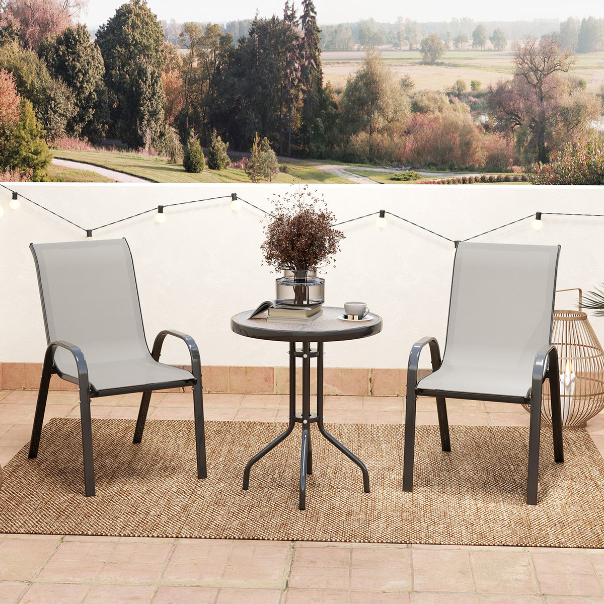 طقم بيسترو من 3 قطع، أثاث فناء صغير مع كراسي شبكية قابلة للتكديس، طاولة زجاجية للحديقة، الشرفة، رمادي فاتح