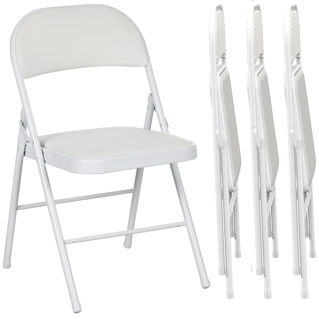 Set of 4 Metal Foldable Chairs, PU Leather Padded Folding Chairs with Cushion Seat and Open Back for Indoor, White