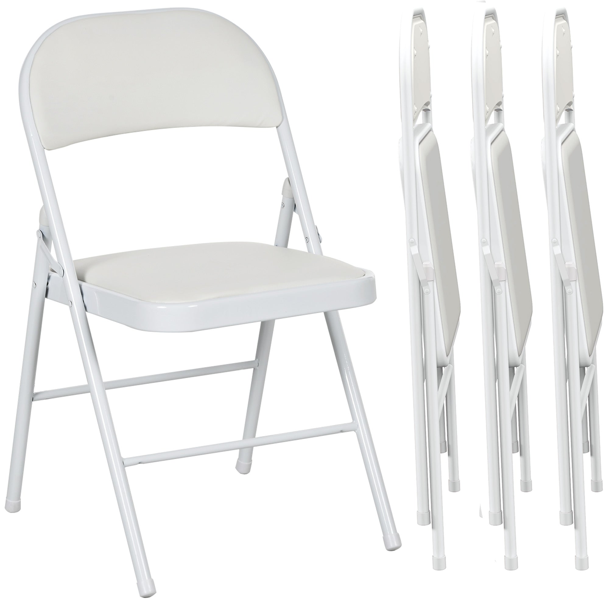 Set of 4 Metal Foldable Chairs, PU Leather Padded Folding Chairs with Cushion Seat and Open Back for Indoor, White