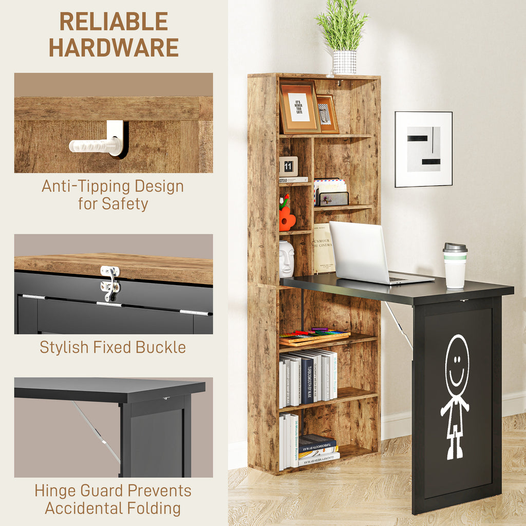 Fold-out Convertible Office Desk, Wall Mount Computer Desk with Blackboard and Side Shelf, Rustic Brown